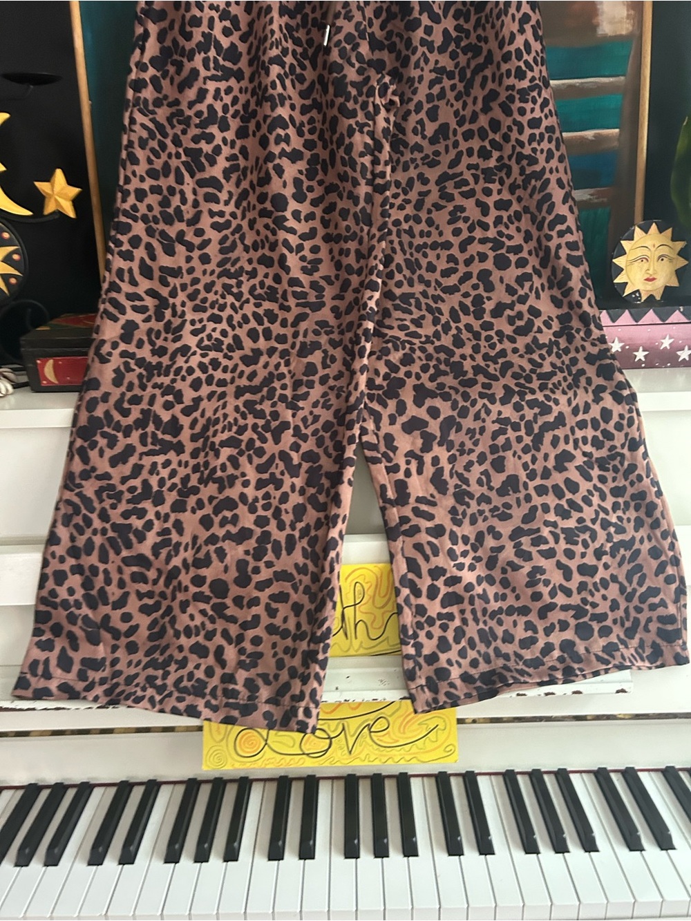 Leopard Print Wide Leg Palazzo Pants Elastic Waist Lounge Boho Women’s Large - Picture 13 of 15